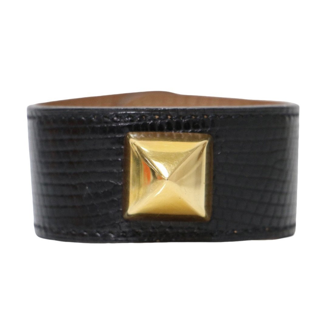 HERMES エルメス メドール  リザード ブレスレット バングル ヴィンテージ ブラック ゴールド フランス製 ラグジュアリー ブランド【レディース】【中古】