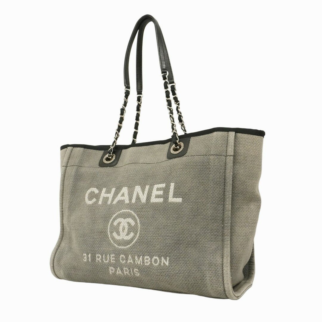 【5db3269】シャネル トートバッグ ドーヴィル キャンバス グレー ブラック ホワイト シルバー金具 チェーン【中古】レディース