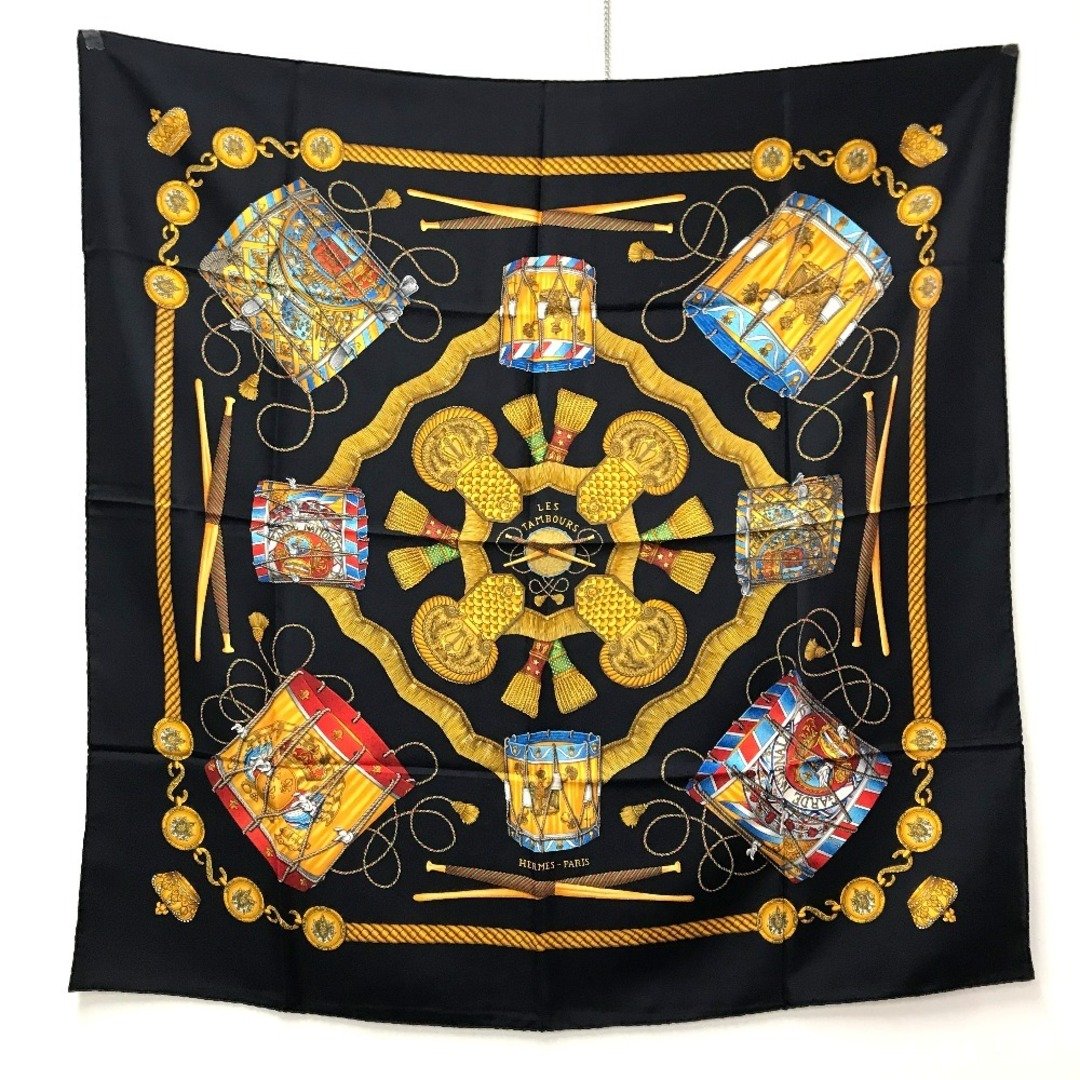 エルメス HERMES カレ90  LES TAMBOURS タンブールの太鼓 スカーフ シルク ブラック 美品