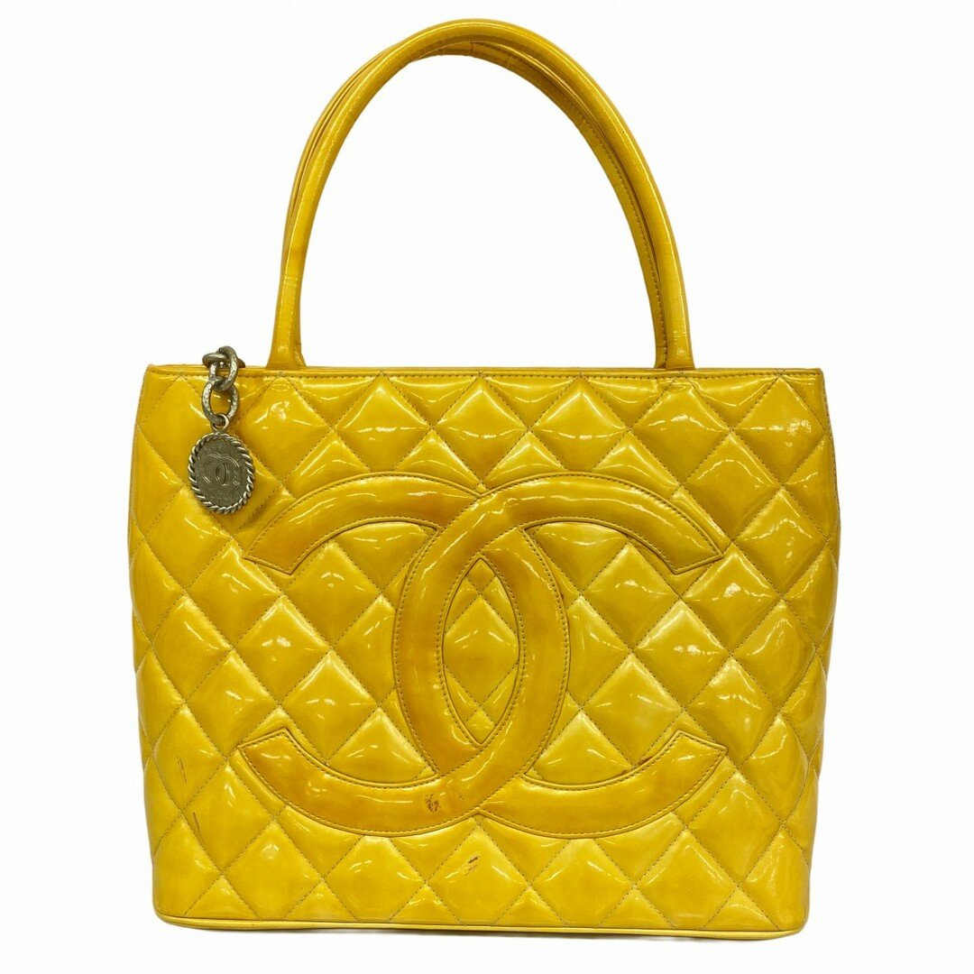 【5dc4485】シャネル トートバッグ 復刻トート パテントレザー イエロー シルバー金具【中古】レディース