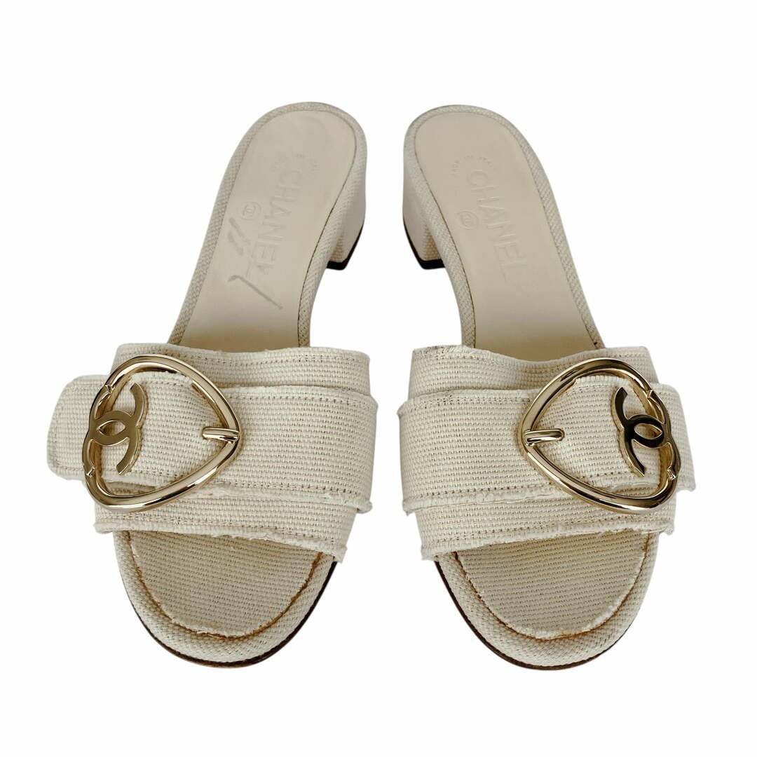 CHANEL シャネル ヘップ サボ ココマーク ハートモチーフ ミュール サンダル キャンバス size 37.5 アイボリー×ゴールド ローヒール レディース イタリア製