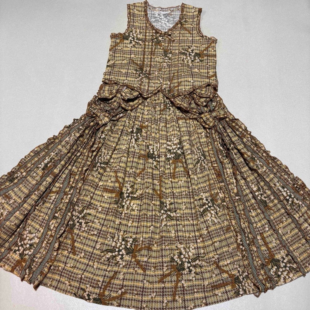 カネコイサオ　チェックスズラン柄セットアップ　カーキ×茶系