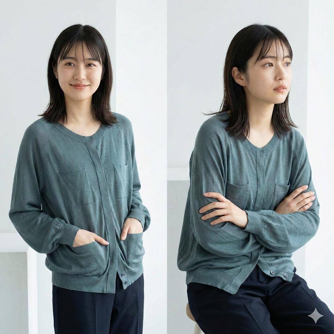 Drawer ドゥロワー シルクコットン 長袖カーディガン グレー ニット M