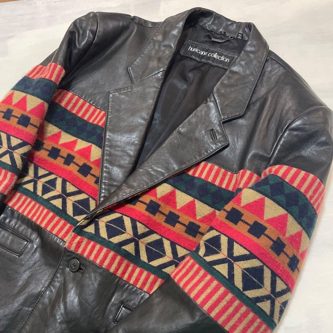 レアビンテージネイティブ柄レザーテーラードジャケット大きいサイズ