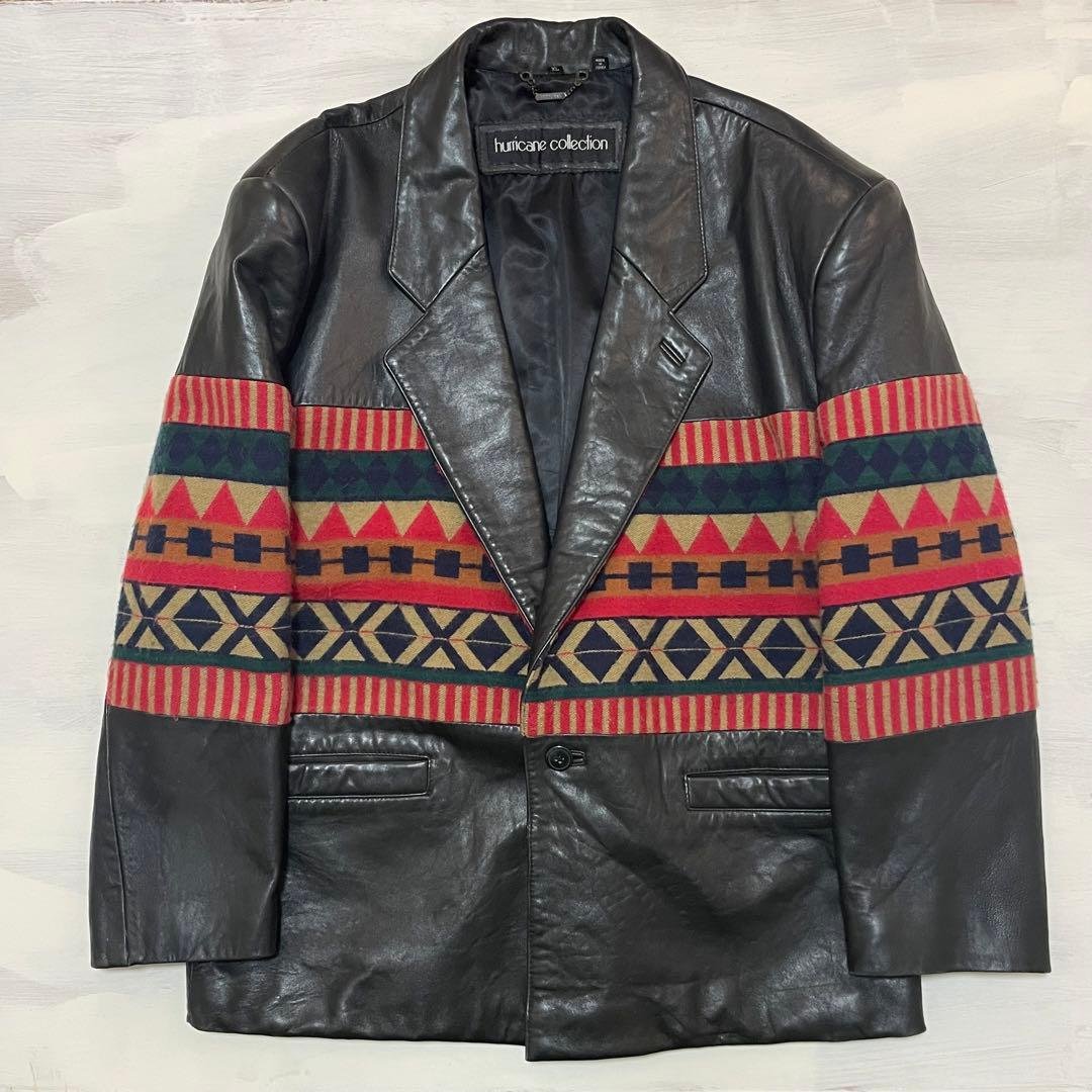 レアビンテージネイティブ柄レザーテーラードジャケット大きいサイズ